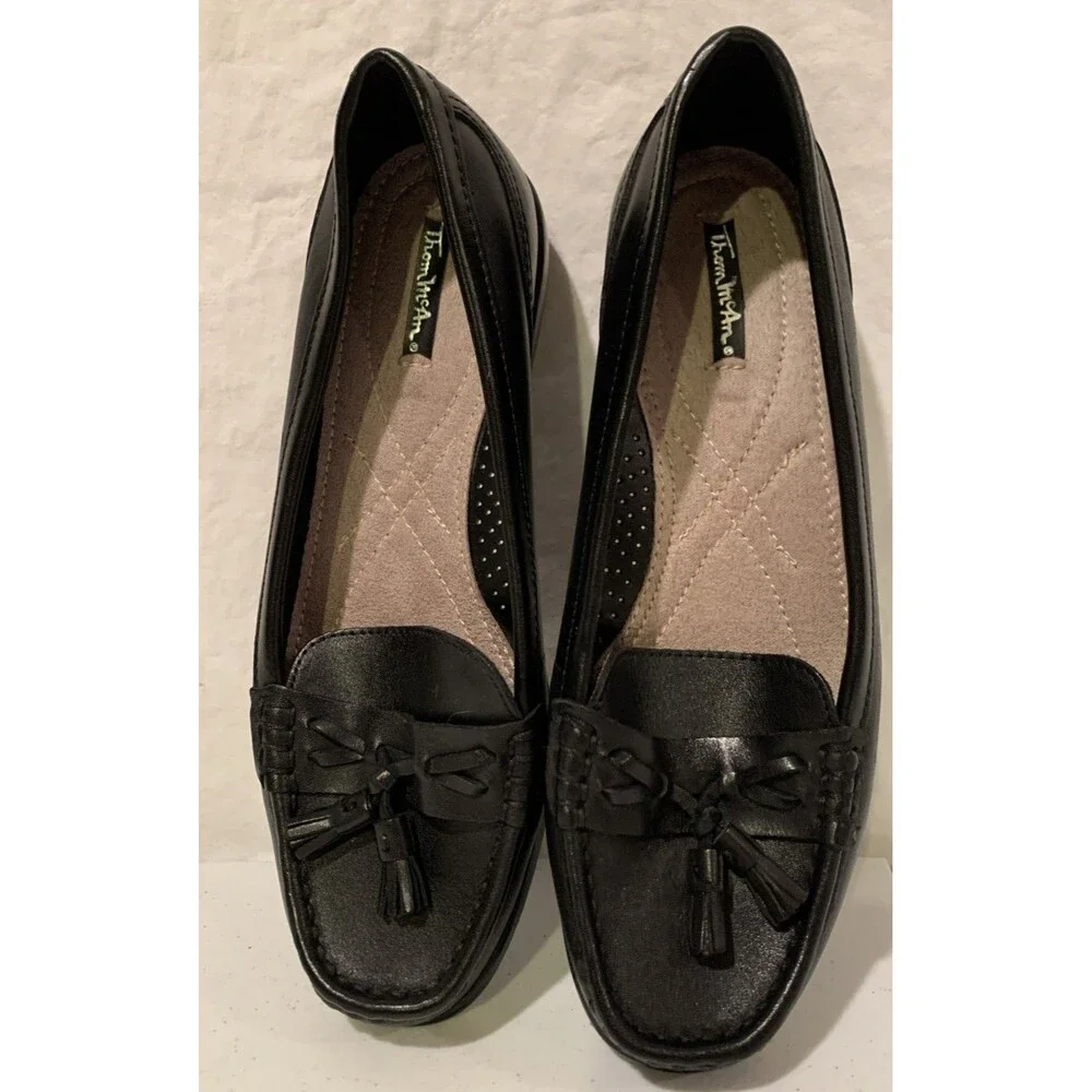 Thom McAn Black Leather Tassel Slip On Comfort Loafers Shoes Women Sz 8 W Dacia